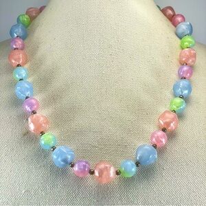 Stunning Silver Tone Pastel Blue Pink Green Acrylic Beaded Statement Necklace